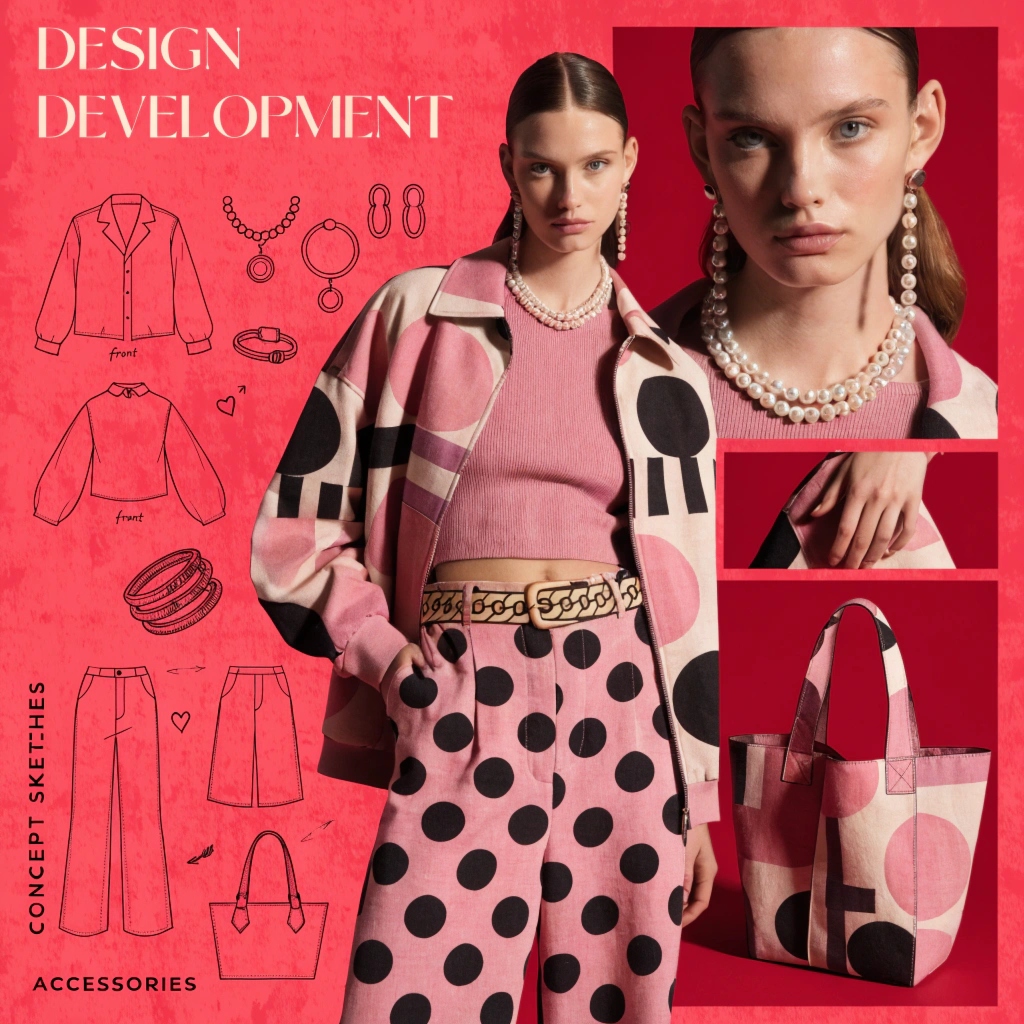 Fashion design workspace with sketches and fabric samples